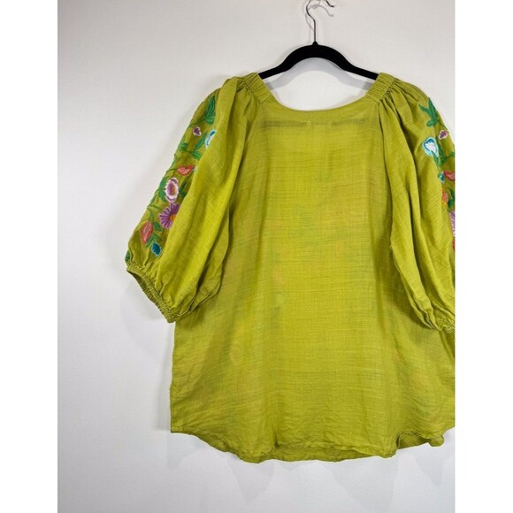 Sundance Womens Top Green Embroidered Floral Ramie 3/4 Sleeve Blouse Boho Large - Picture 8 of 11